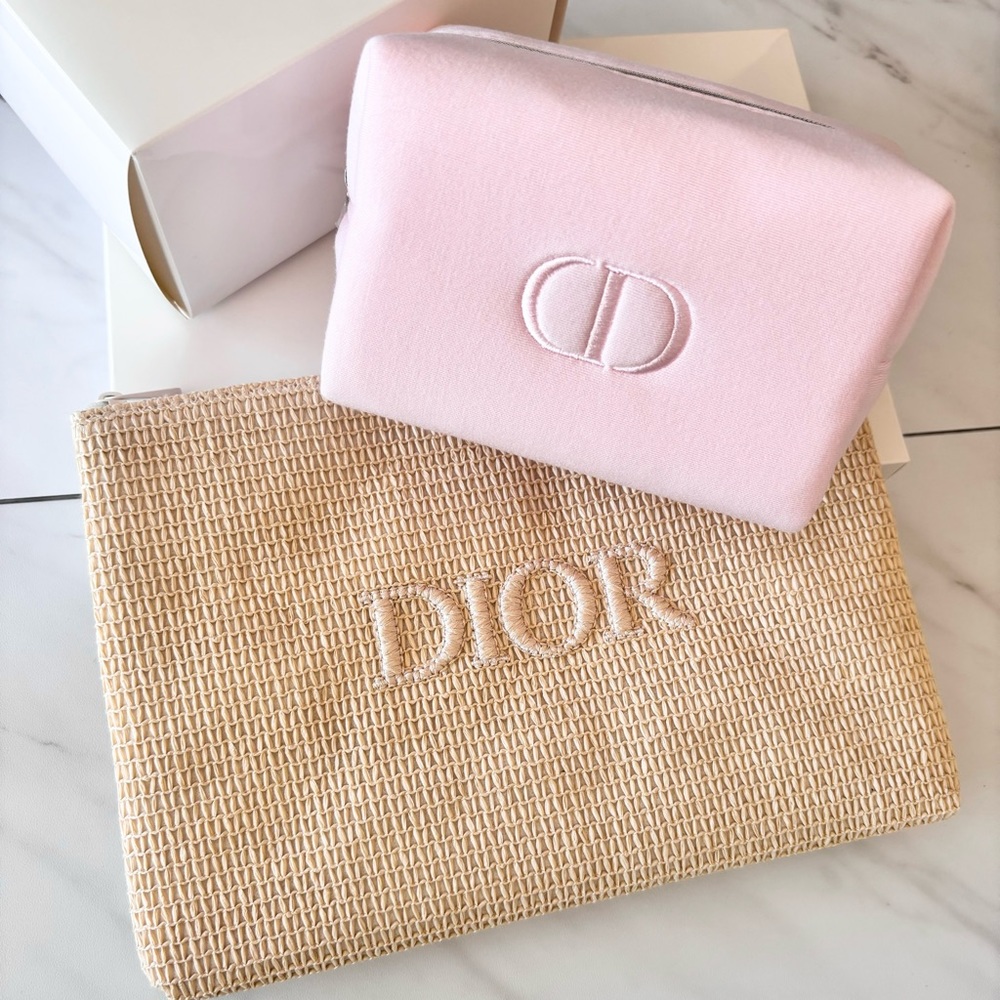 2pc Dior Beauty Faux Raffia Pouch Clutch Bag & Pink Cosmetic Makeup Case